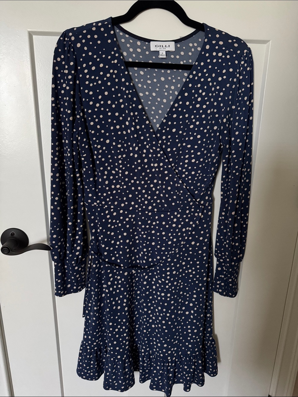 Gilli Navy and Cream Polka Dot Long Sleeve Wrap Dress